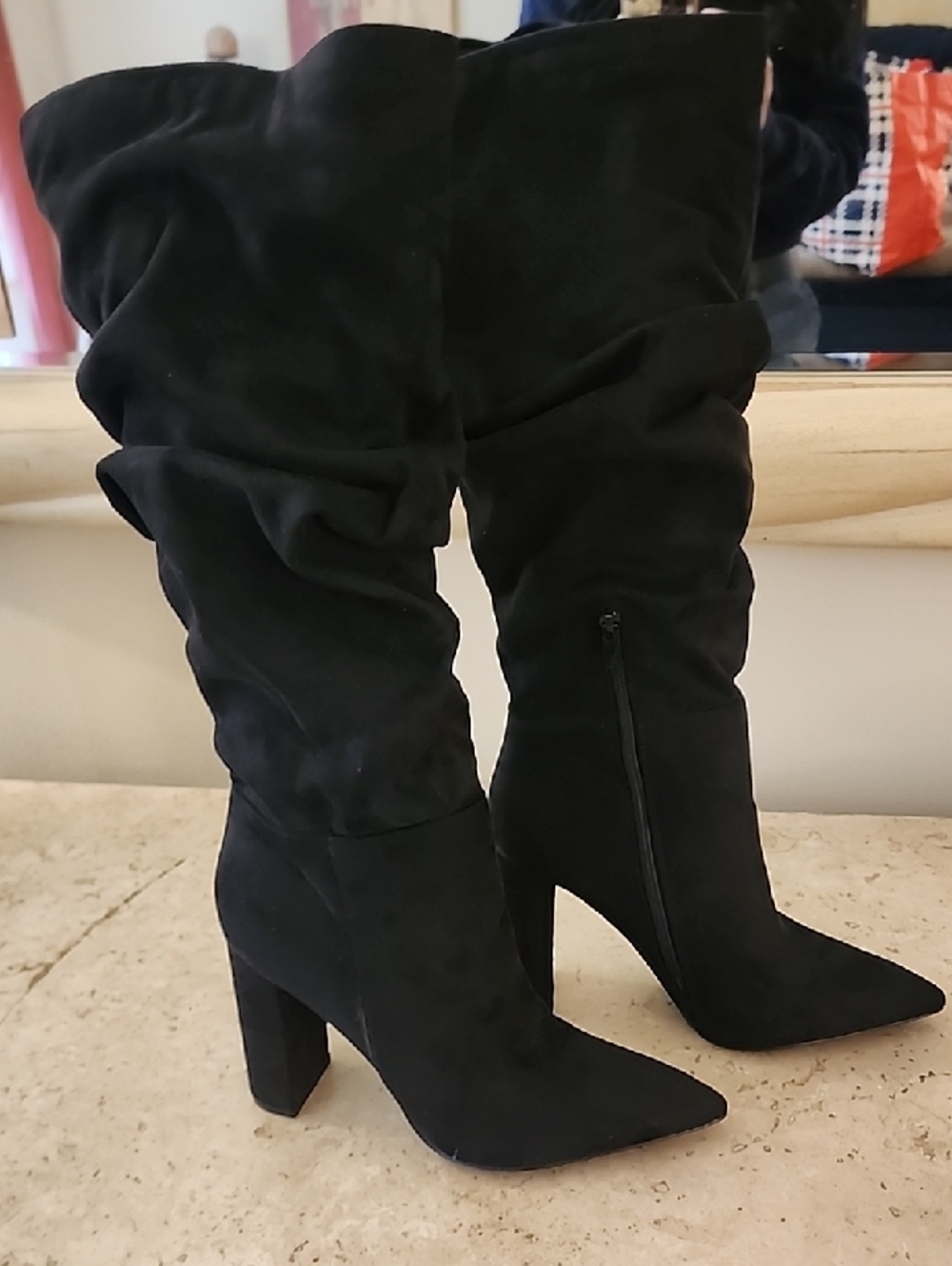 Black Slouchy Knee-High Pointed-Toe Boots